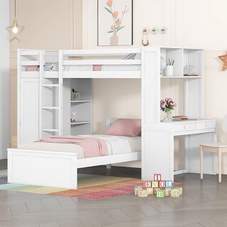 Twin Loft Bed with Workspace, Wardrobe & Movable Twin Bed - Versatile Design