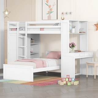 Twin size Loft Bed with a Stand-alone bed, Shelves,Desk,and Wardrobe