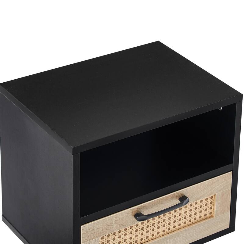 15.7" Rattan Nightstand, Living Room Brown Storage Cabinet, End Table Side Table for Bedroom with Drawer and Solid Wood Legs