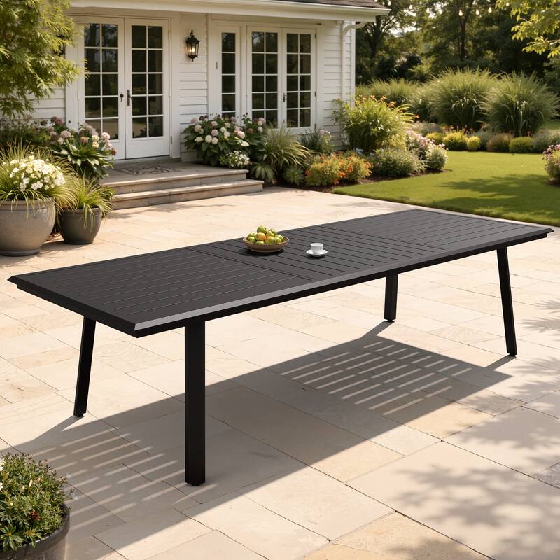 Outdoor Rectangle All-Aluminum Dining Table with Umbrella Hole for 6-12 Person - Black - 116.5 inches long