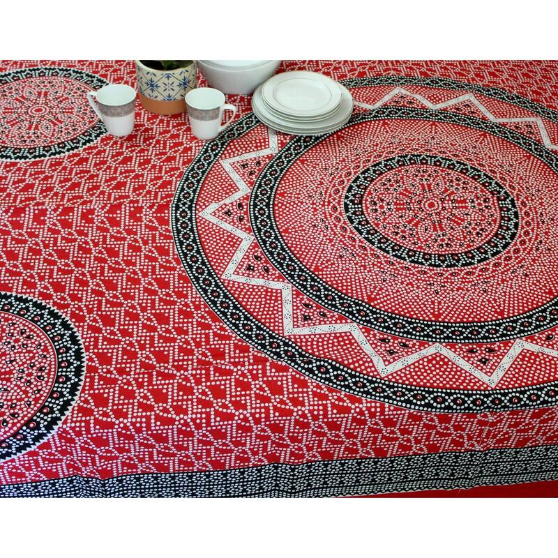 Red Mandala Design Cotton Boho Tablecloth Rectangle - 54 x 84 in
