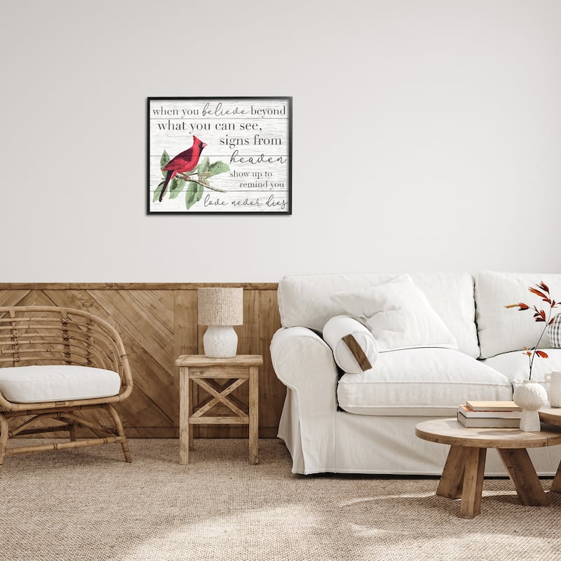 Stupell Believe Love Never Dies Inspirational Cardinal Bird Word Design Framed Wall Art - Red