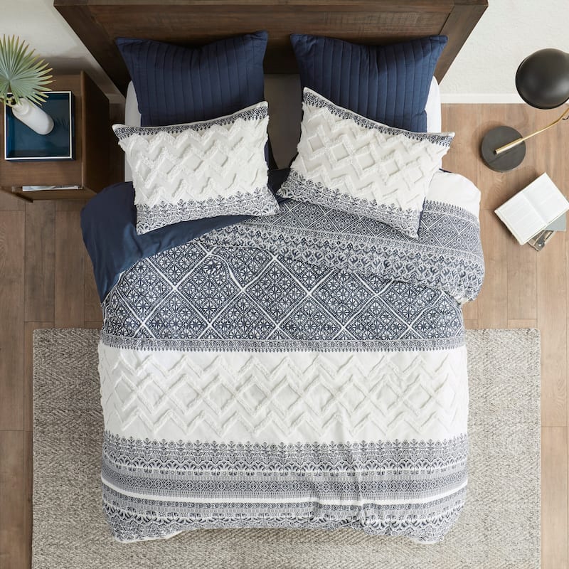 INK+IVY Mila 3 Piece Cotton Duvet Cover Set with Chenille Tufting - Navy - King