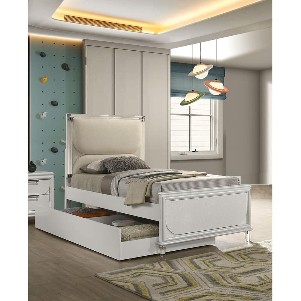 Modern Pearl White Upholstered Full Size Bed with LED Headboard and Trundle