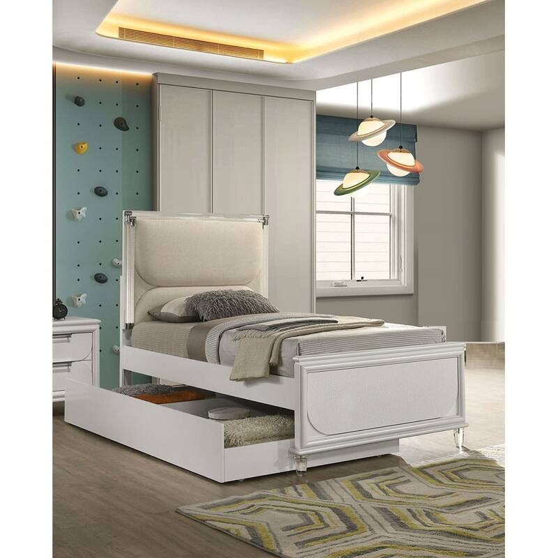 Modern Pearl White Upholstered Full Size Bed with LED Headboard and Trundle - White