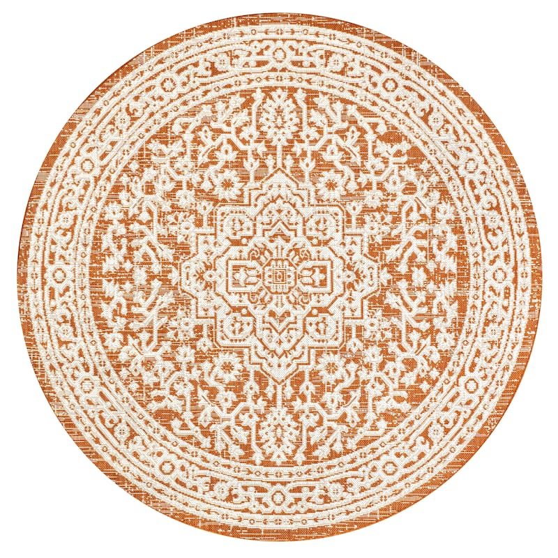 JONATHAN Y Rozetta Medallion Textured Weave Indoor/Outdoor Area Rug - 5' Round - Orange/Cream