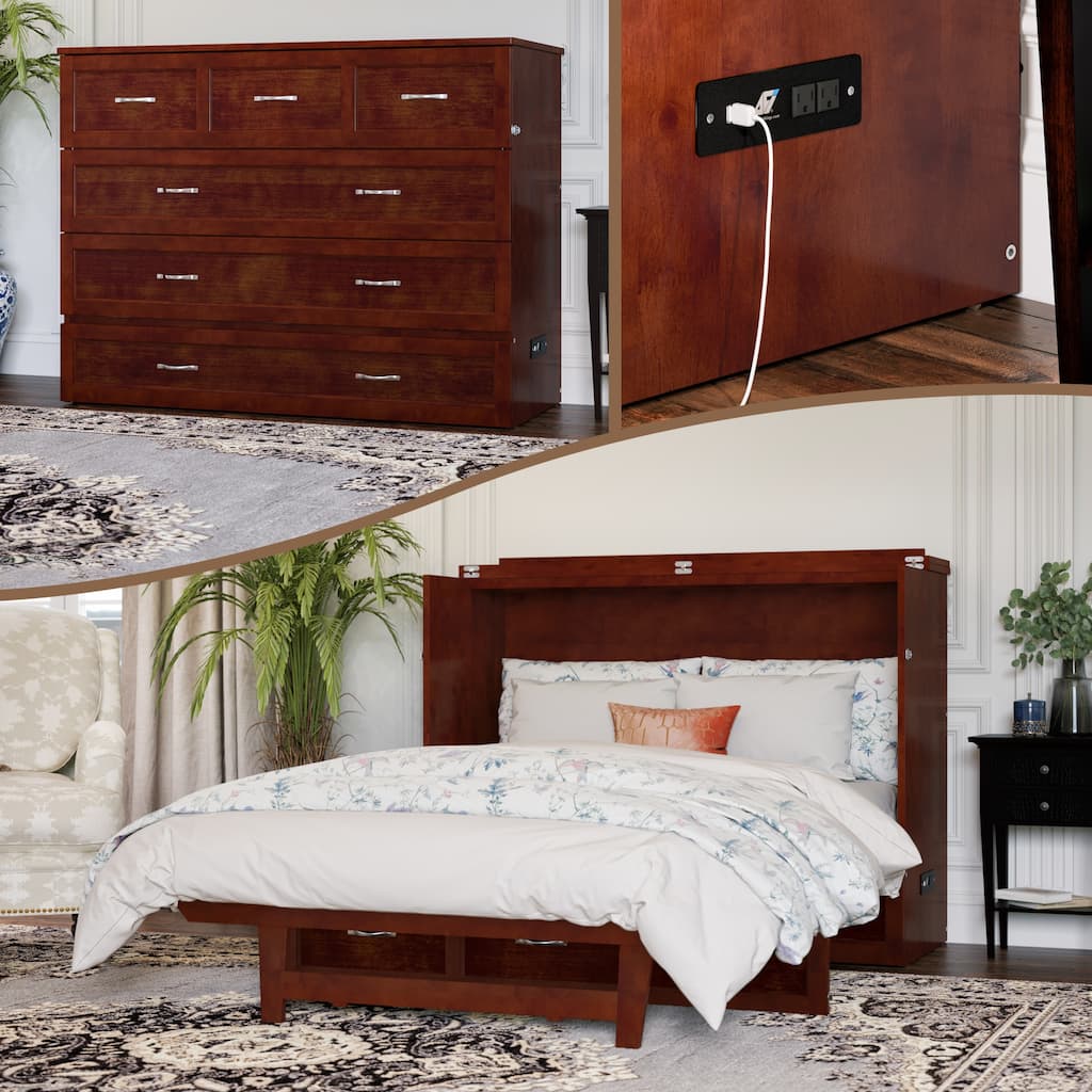 Northfield Full Murphy Bed Chest with 6" Mattress, Storage Drawer & Built-In Charger in Walnut