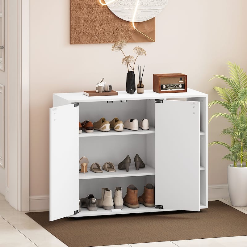 Shoe Storage Cabinet with Doors and Open Shelves Adjustable Wooden Entryway Organizer - 31.5" x 12" x 25.5"