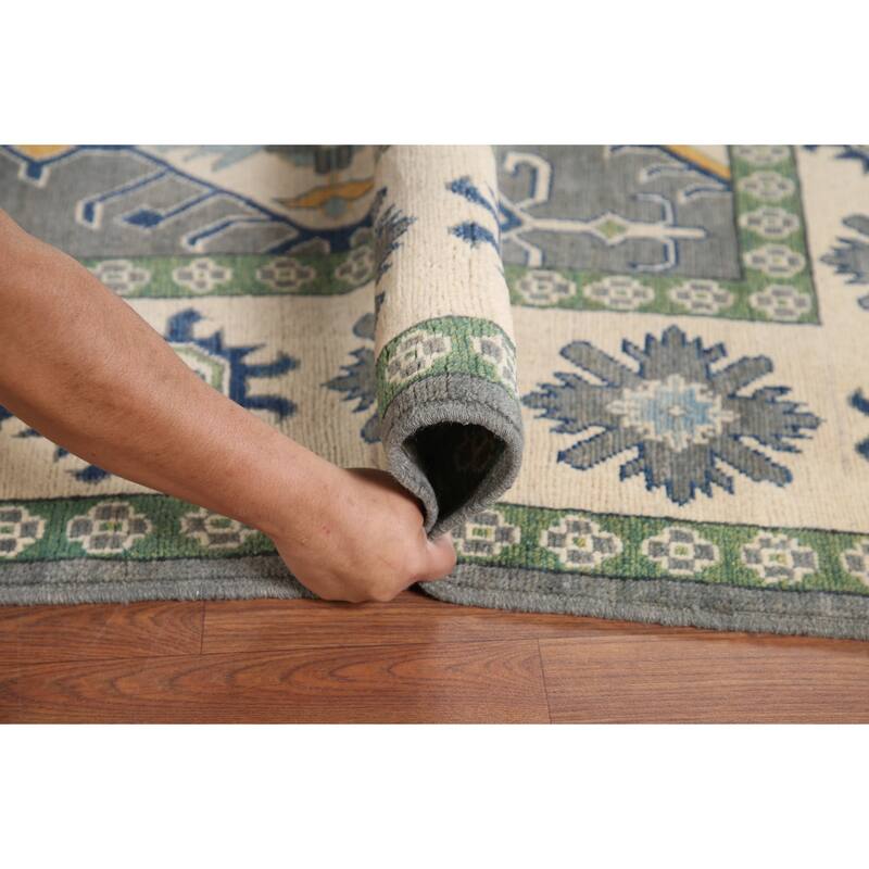 Hand Knotted Oriental 100% Wool Carpet Traditional Geometric Greys & Charcoal Kazak Area Rug - 9' 10'' X 6' 8''