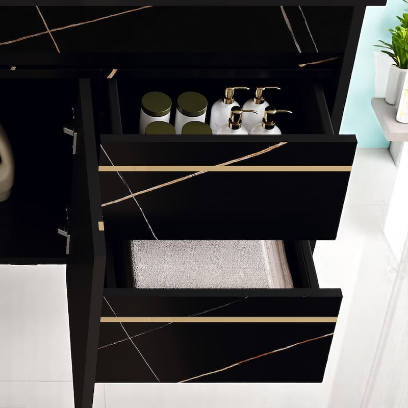 35.4 Inch Wall-Mounted Bathroom Vanity with Engineered Stone Top, Ceramic Sink, Soft-Close Drawers & Door