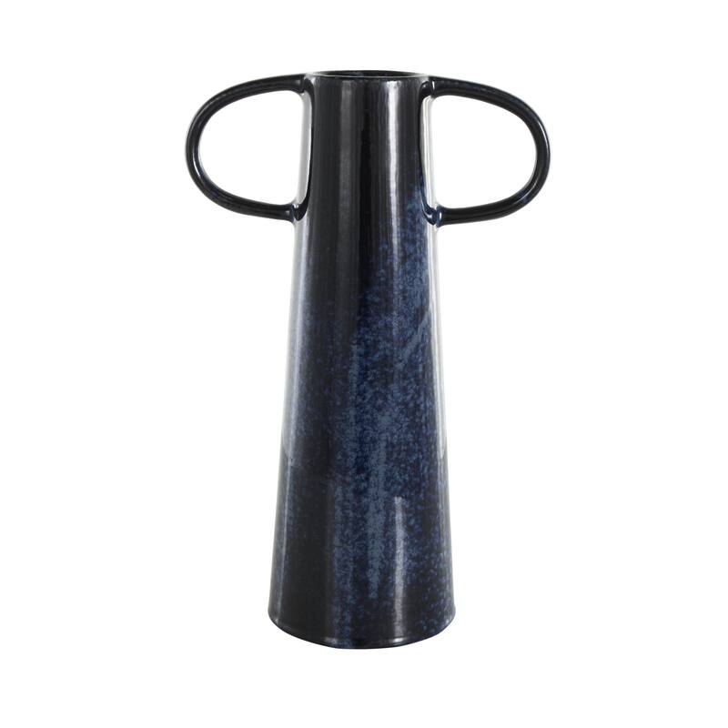 Ceramic Textured Cone Decorative Vase with Curved Handles - Dark Blue - Roche River Decor