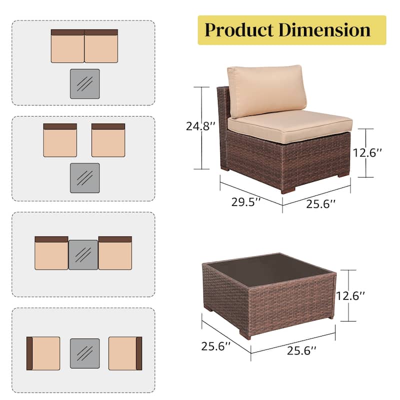 3-Piece Patio Modular Sofa Wicker Armless Chairs with Coffee Table