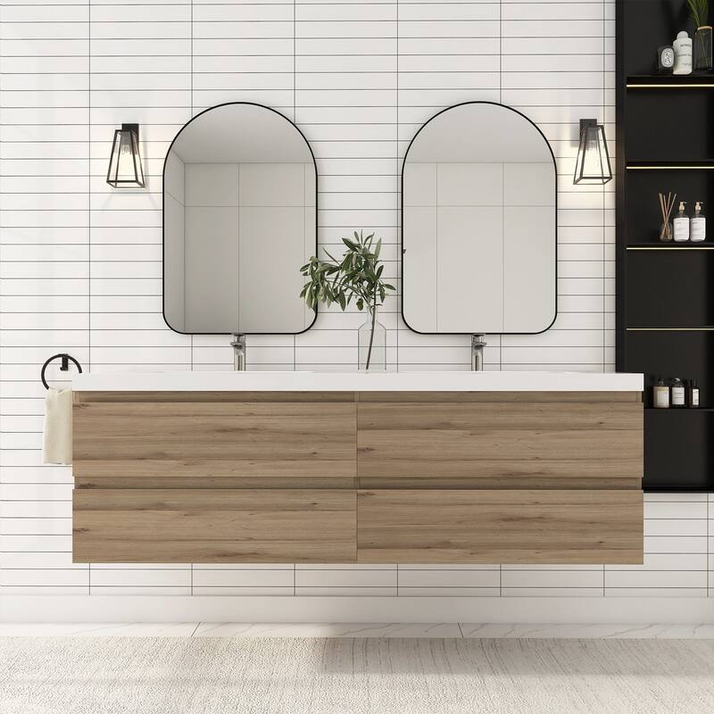 MDF Wall-Mounted Bathroom Vanity Set in Oak with Integrated Culture Marble Sink