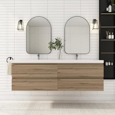 MDF Wall-Mounted Bathroom Vanity Set in Oak with Integrated Culture Marble Sink