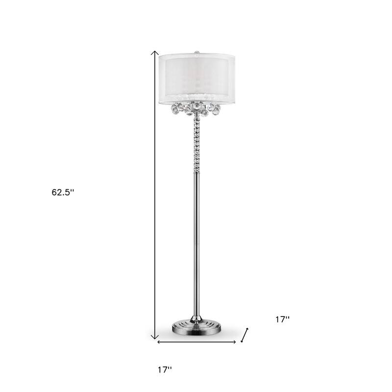 Silver Metal Candelabra Floor Lamp with White Fabric Drum Shades and Inline Switch - 17” x 17” x 62.5” (D x W x H)