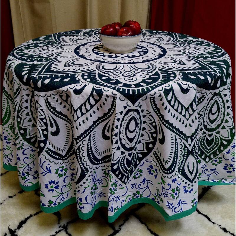 Cotton Floral Heart Medallion Tablecloth Round - 81 inches - Green White