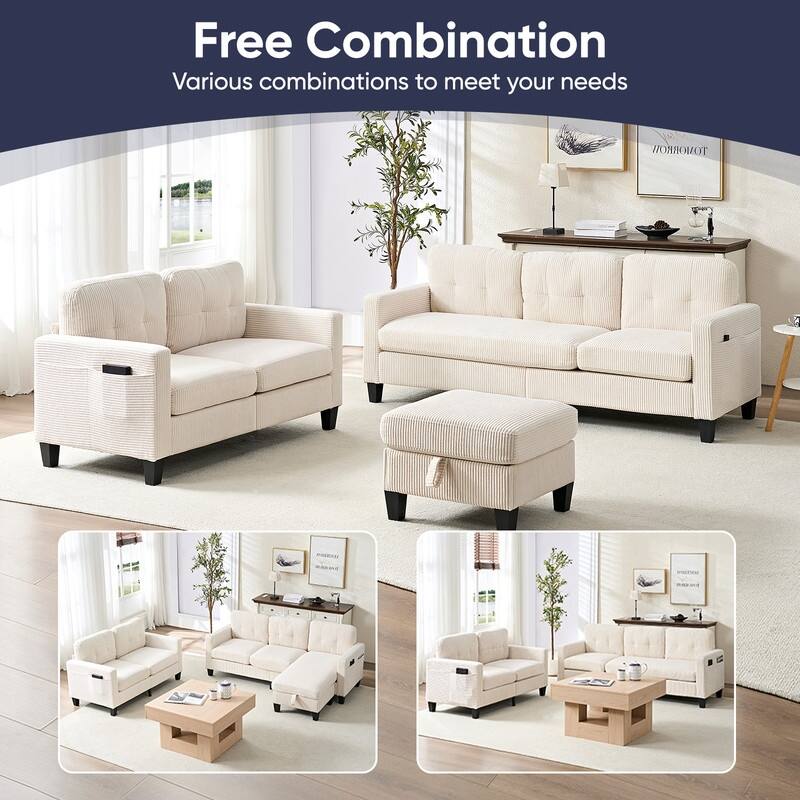 Mixoy 76'' L-Shaped Sofa Set,Corduroy Sectional Sofa,Mid Century 3-Seater Sofa with Storage Ottoman/Loveseat/Single Sofa