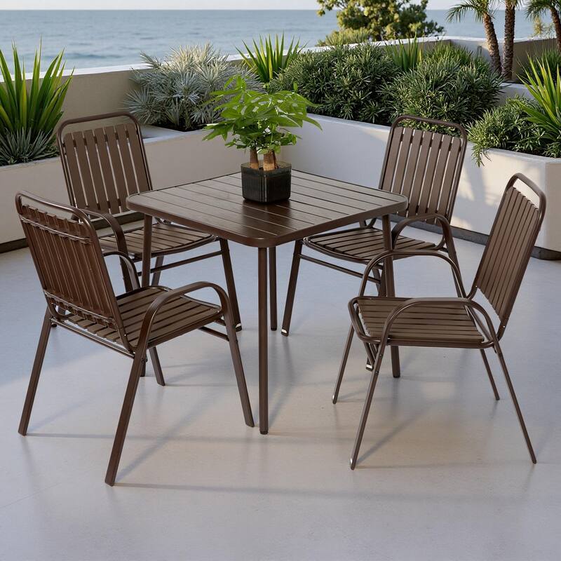 5-Piece Outdoor Patio Dining Set with 31" Square Steel Table and 4 Armchairs - Brown