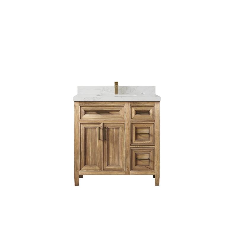 Willow Collections 36 in. W x 22 in. D Santa Monica Teak Bathroom Vanity Center with Countertop - 2" Calacatta Nuvo - Whitewashed Teak