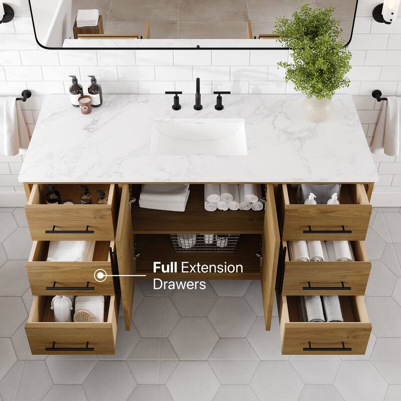 Graham 60"W Oak SS Bath Vanity with WH Arabescato Engineered Stone Top