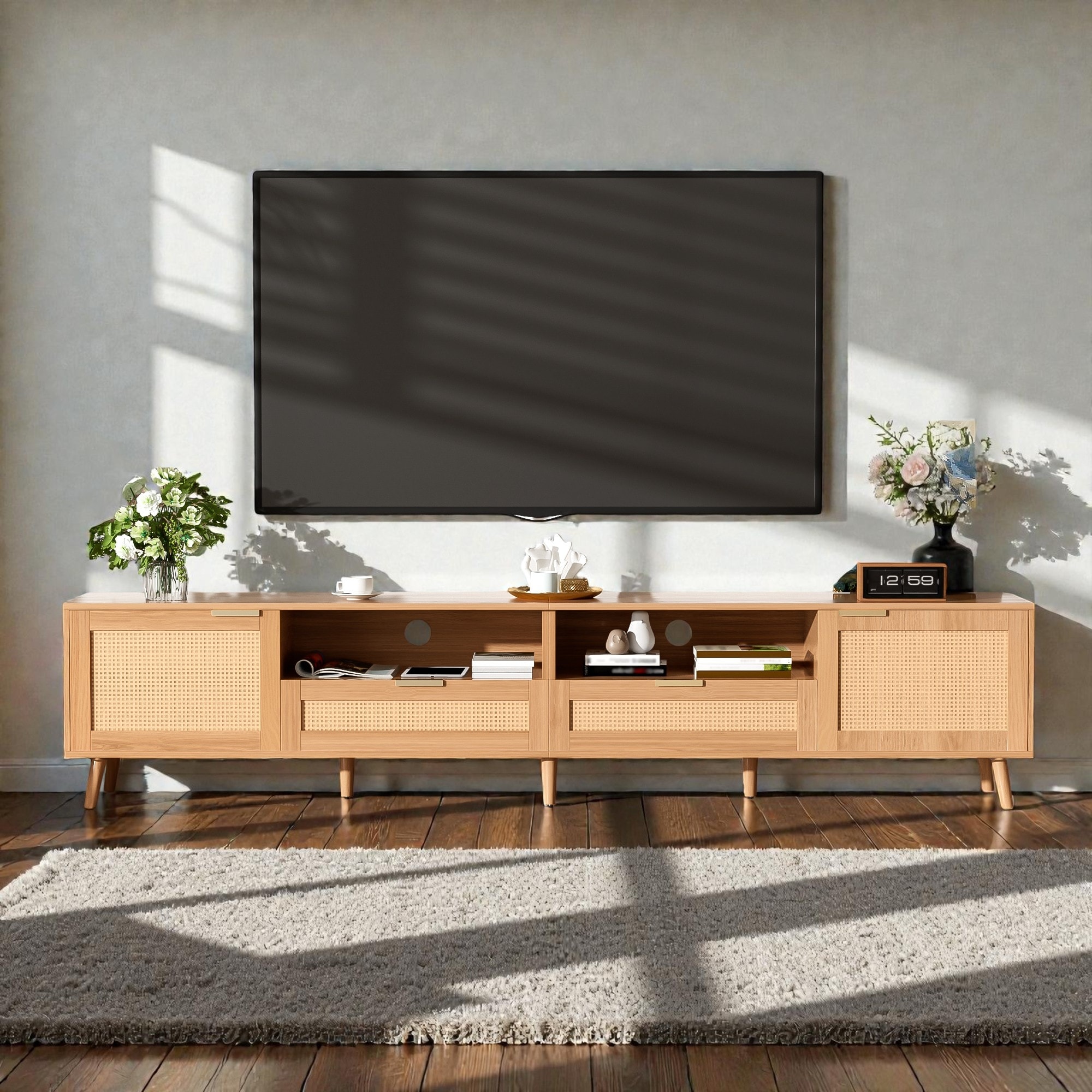 86.6" Rattan TV Stand for TVs up to 90 Inch, Modern Farmhouse Media Console with Solid Wood Legs and Storage
