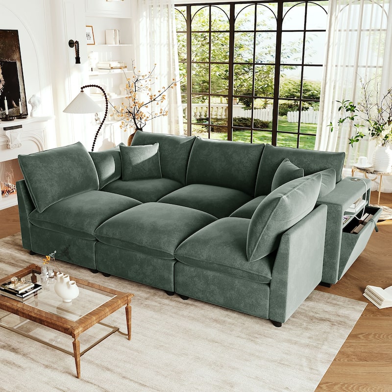 Smooth Chenille Sectional Sofa U-Shaped Modular Sofa Bed L-Shaped Couch with Movable Ottoman, Storage Armrests and USB Ports - Green