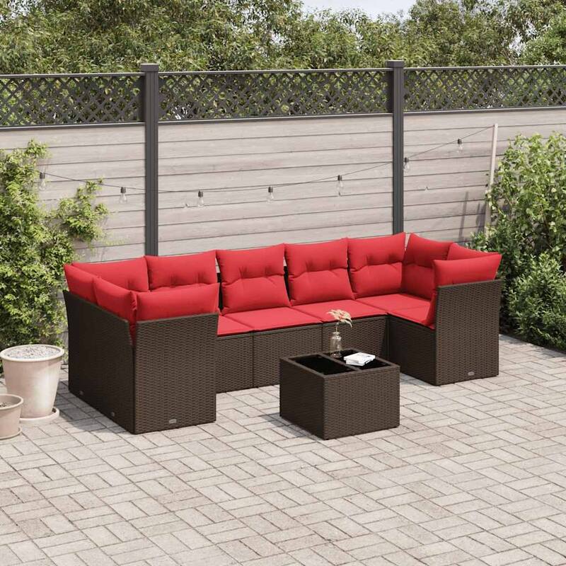 vidaXL 8 Piece Patio Sofa Set with Cushions Brown/Gray Poly Rattan - 24.4 x 24.4 x 27.2 - Brown - form1