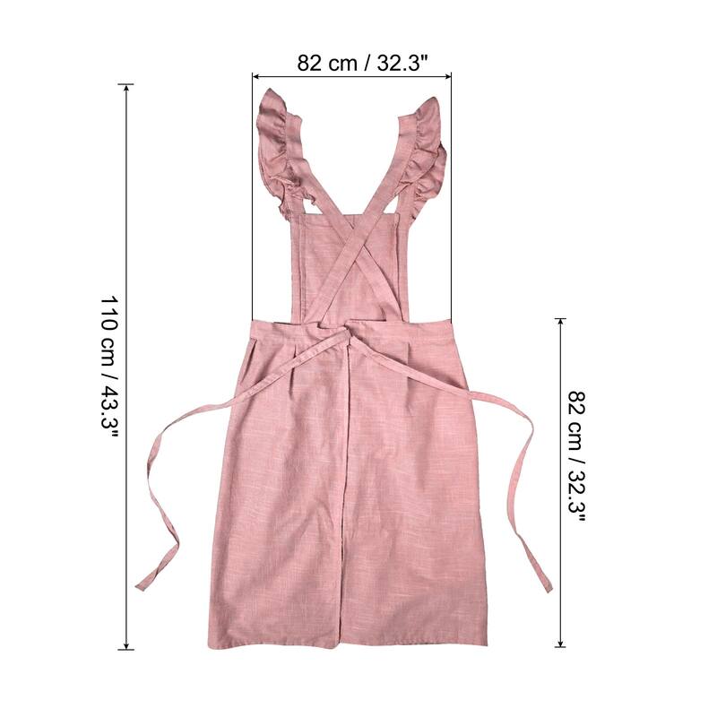 Cotton Linen Aprons Cross Back Pinafore Work Dress with Pockets - 43.3 inch - Pink