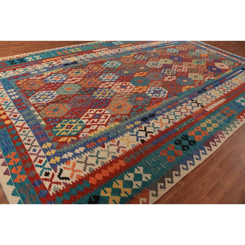 All-Over Geometric Kilim Oriental Large Rug Hand-Woven Wool Carpet - 10'6"x 16'3"
