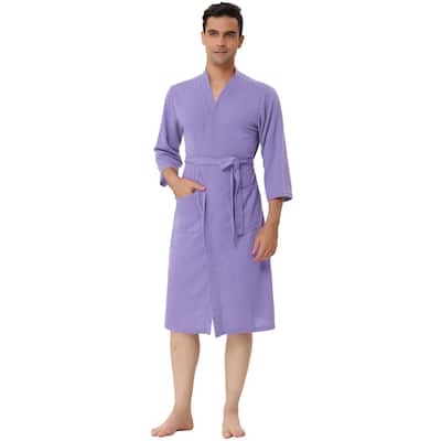 Men's Waffle Bathrobe Solid Color Sleepwear 3/4 Sleeve Kimono Spa Robe