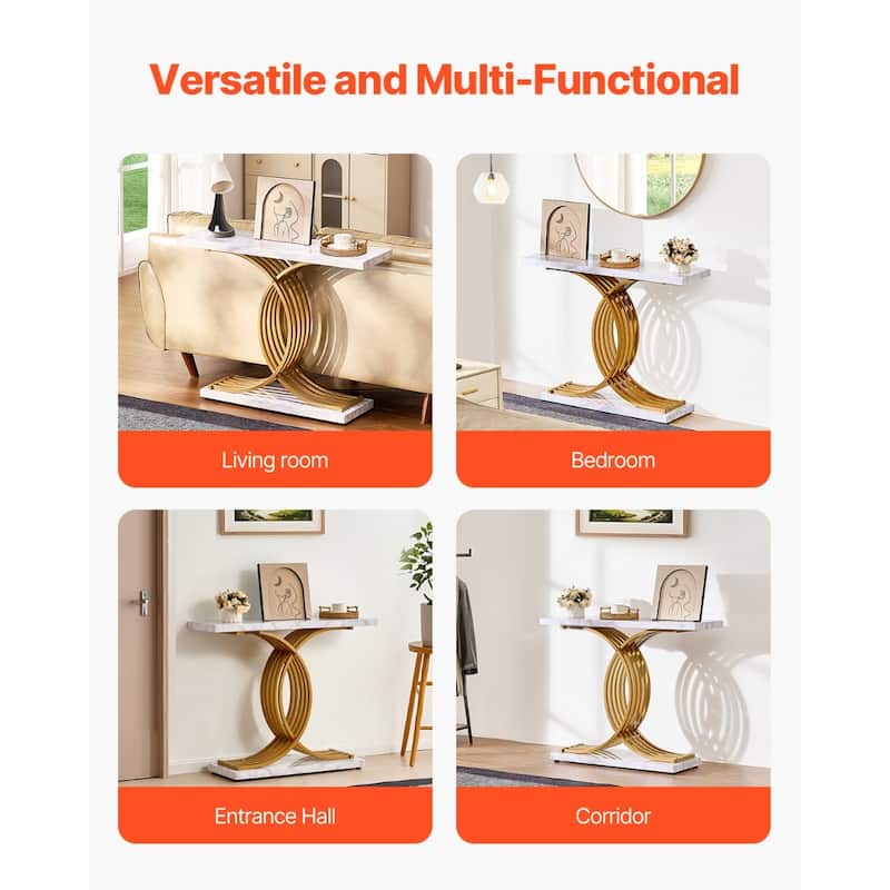 Faux Marble White MDF Metal Console Table, 1-Tier with Adjustable Feet - 39.4” L x 11.8” W x 31.9” H