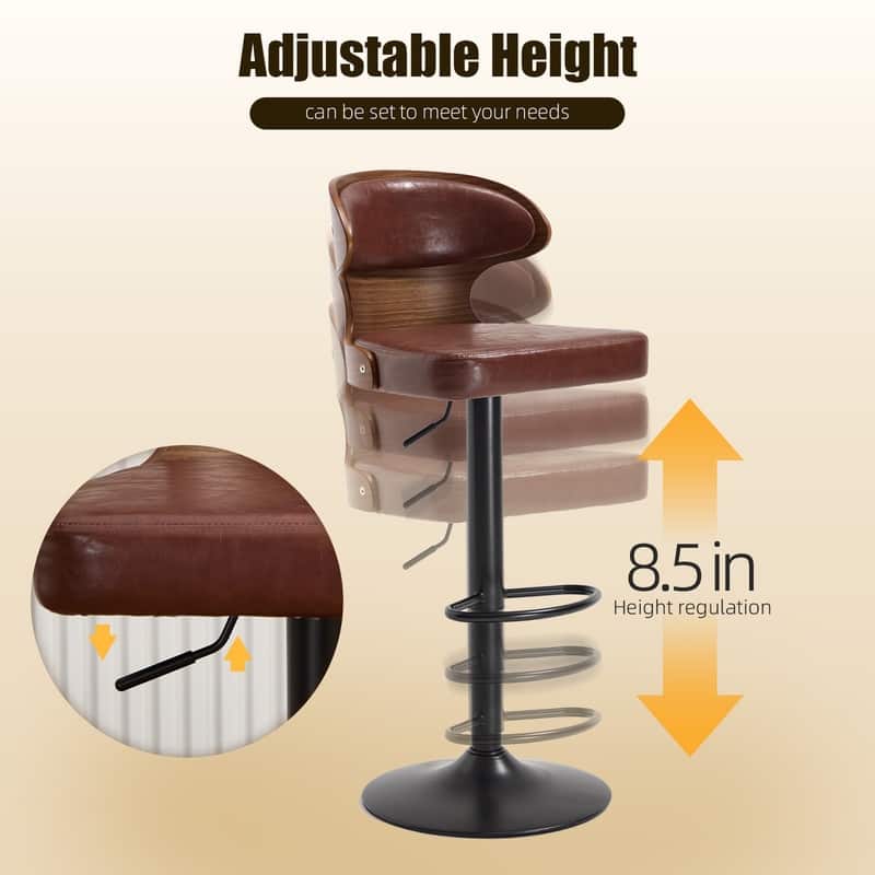PU Leather Upholstered Curved Backrest 360° Swivel Adjustable Height Bar Stools with Footrest(set of 2)