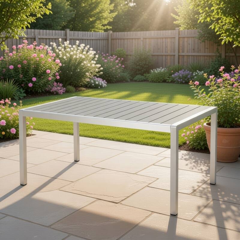 Eoin Outdoor Dining Table, Rectangular 71 Inch Gray Faux Wood, Metal Frame