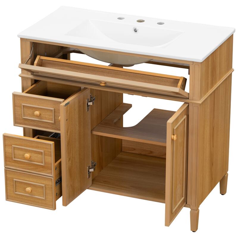 36" Bathroom Vanity with Sink, Wood Vanity Cabinet with Flip-Out Drawer, 3 Drawers, 2 Soft-Close Doors, Solid Wood & MDF