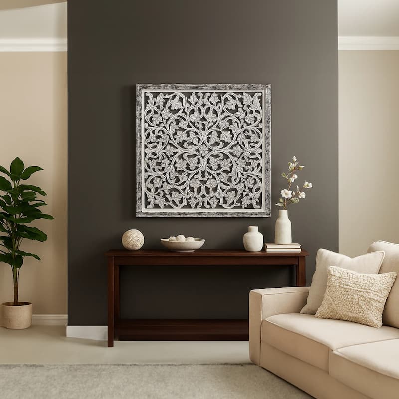 Ozy Carved Mango Wood Wall Decor 36 Inch Square Handcrafted Distressed Black & White