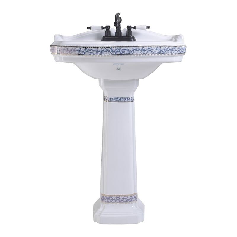 Decorative White Blue and Gold Bathroom Pedestal Sinks, 4" Centerset Faucet Holes