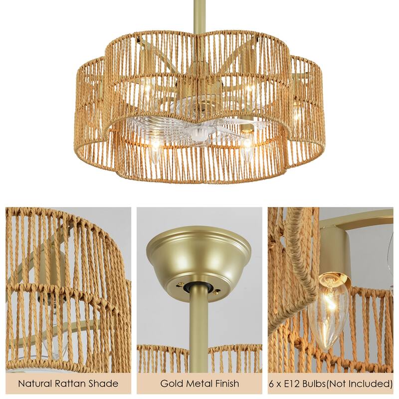 6-Light 19.6" Farmhouse Boho Gold and Brown 7-Blade Geometric Drum Ceiling Fan Lighting with Remote Included