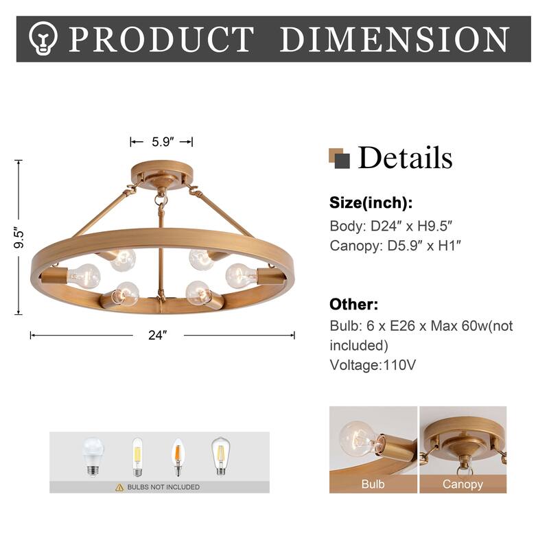 Abigail Wagon Wheel 6-Light Metal Round Rustic Semi-Flush Mount - Brushed Brass