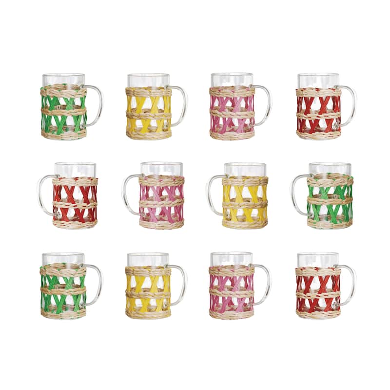 Glass Mug with Sleeves, Set of 12 - 4.4"L x 3.0"W x 3.9"H - Multi