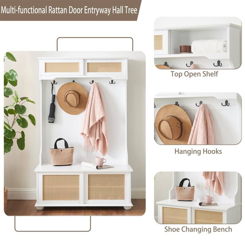 Hall Tree Entryway Bench with Rattan Door Shelves and Shoe Cabinets