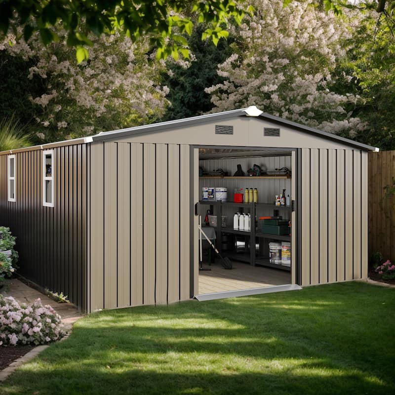 10*12ft Metal Storage Sheds with Two Windows,Door - Brown