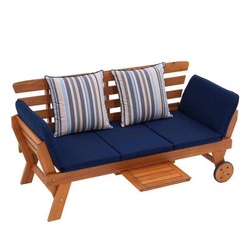 Outdoor Daybed Wooden Folding Lounge Chair with Front Tray and Wheels