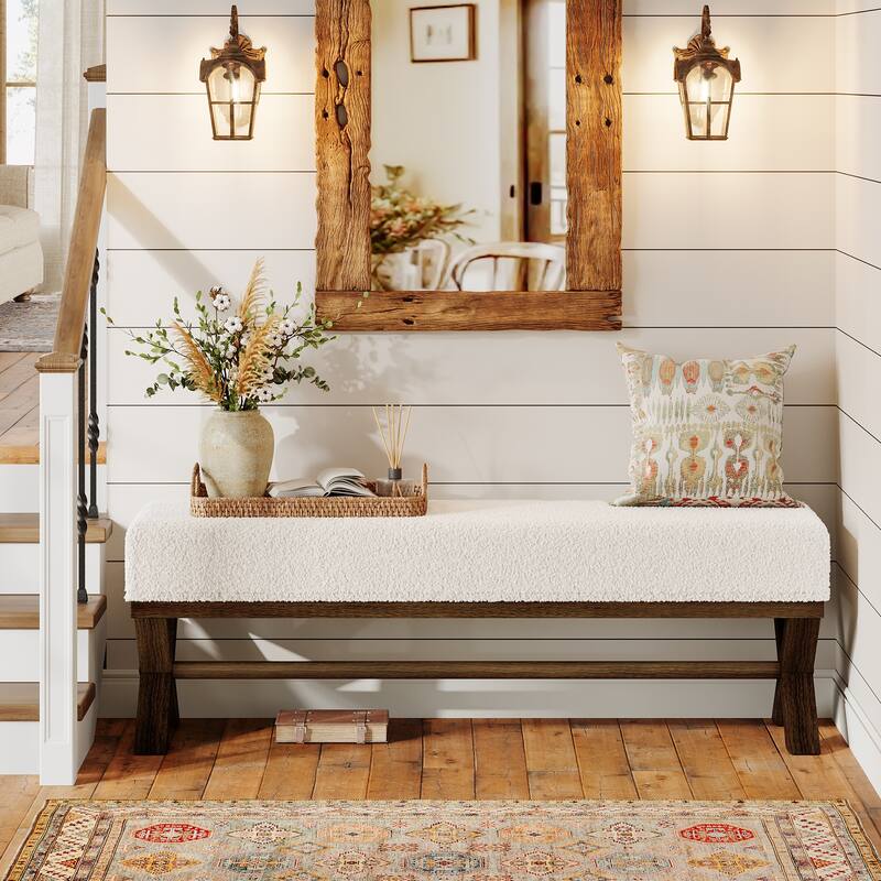 51.18-Inch Entryway Bench, Upholstered Solid Wood End of Bed Bench