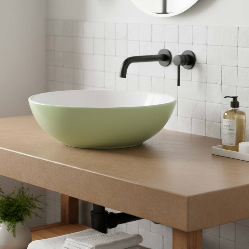 Fine Fixtures 16 inch Round Ceramic Vessel Bathroom Sink - Sage Green