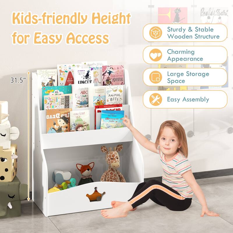 Gymax Kids Bookshelf 4-Tier Wooden Bookcase Toy Storage Organizer