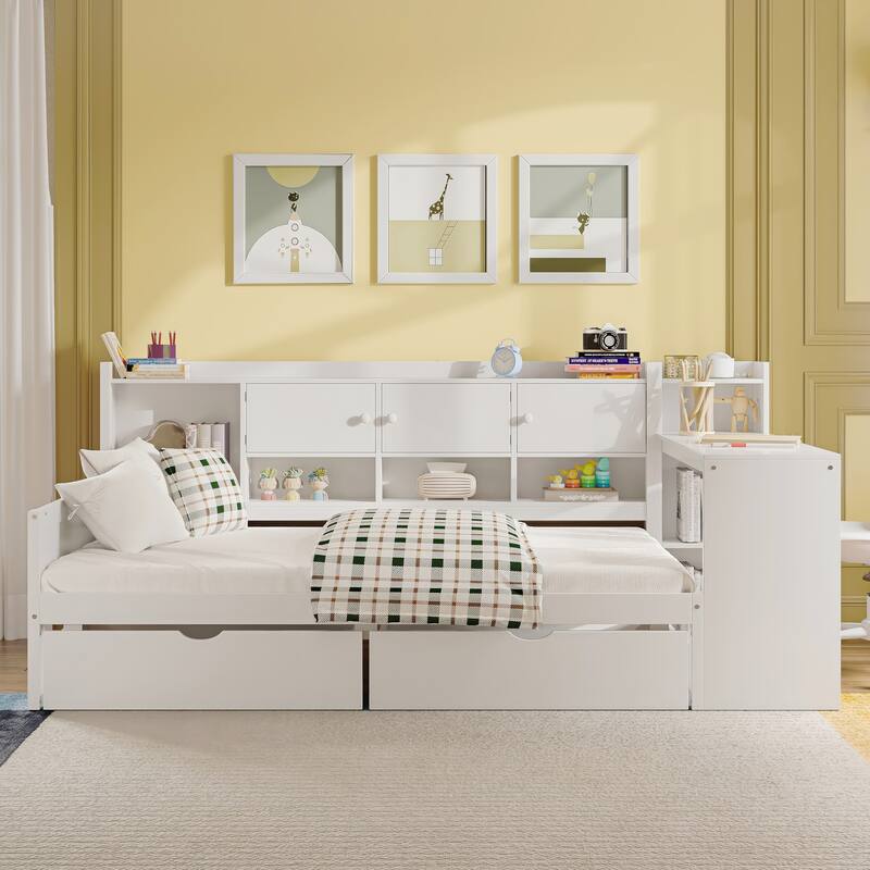 L-Shaped Daybed with Storage and Study Desk by Harper&Bright Designs - White - Twin