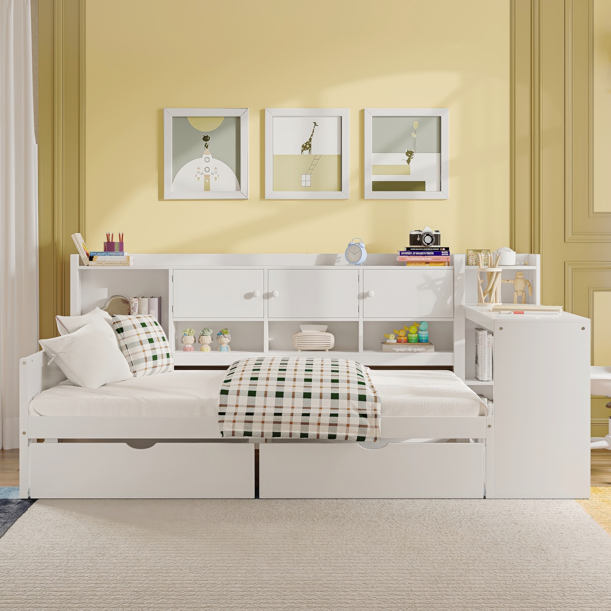 Twin L-Shape Daybed with Storage Cabinets and Drawers