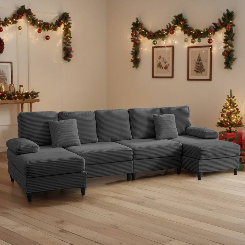 Mixoy W112inch Upholstered 5-Seater Sectional Sofa Couch,Corduroy Large U-Shaped Sofa with Double Chaises and Sleepable Armrests - Grey - Symmetrical
