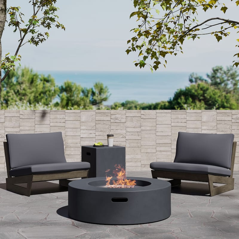 Sherwood Acacia Wood Outdoor Lounge Chairs and 50,000 BTU Circular Propane Fire Pit by Christopher Knight Home - Gray/ Dark Gray
