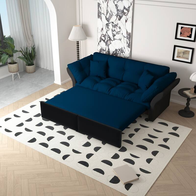 74.8" Queen Sleeper Sofa - 3-in-1 Tufted Velvet Loveseat with Pull-Out Bed & 2 Pillows, Multi-Functional